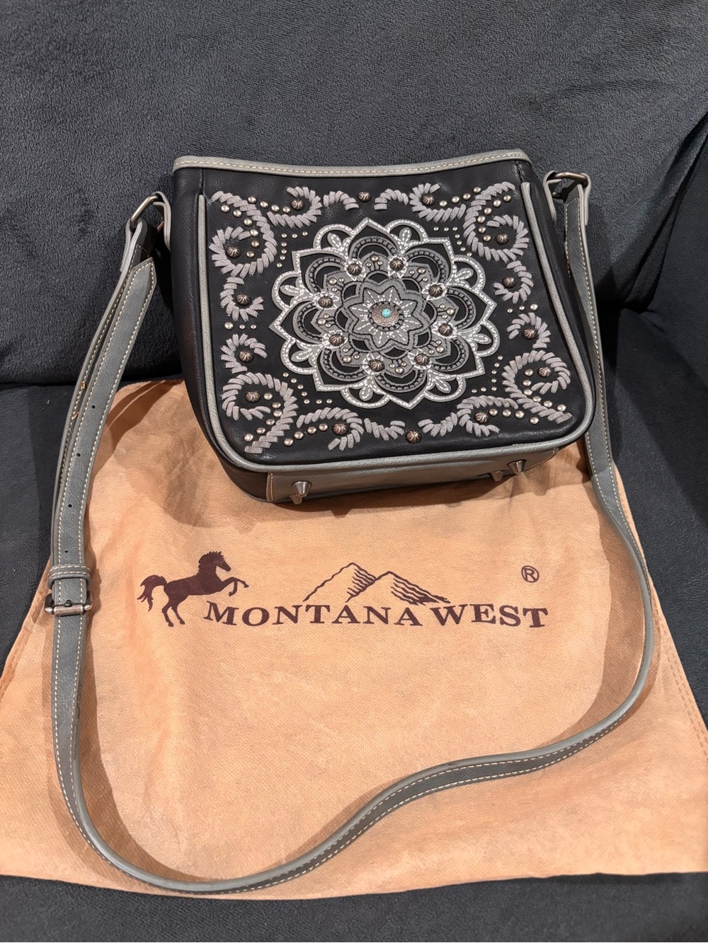 Montana West Black Crossbody with Gray Trim and Floral Stud Design